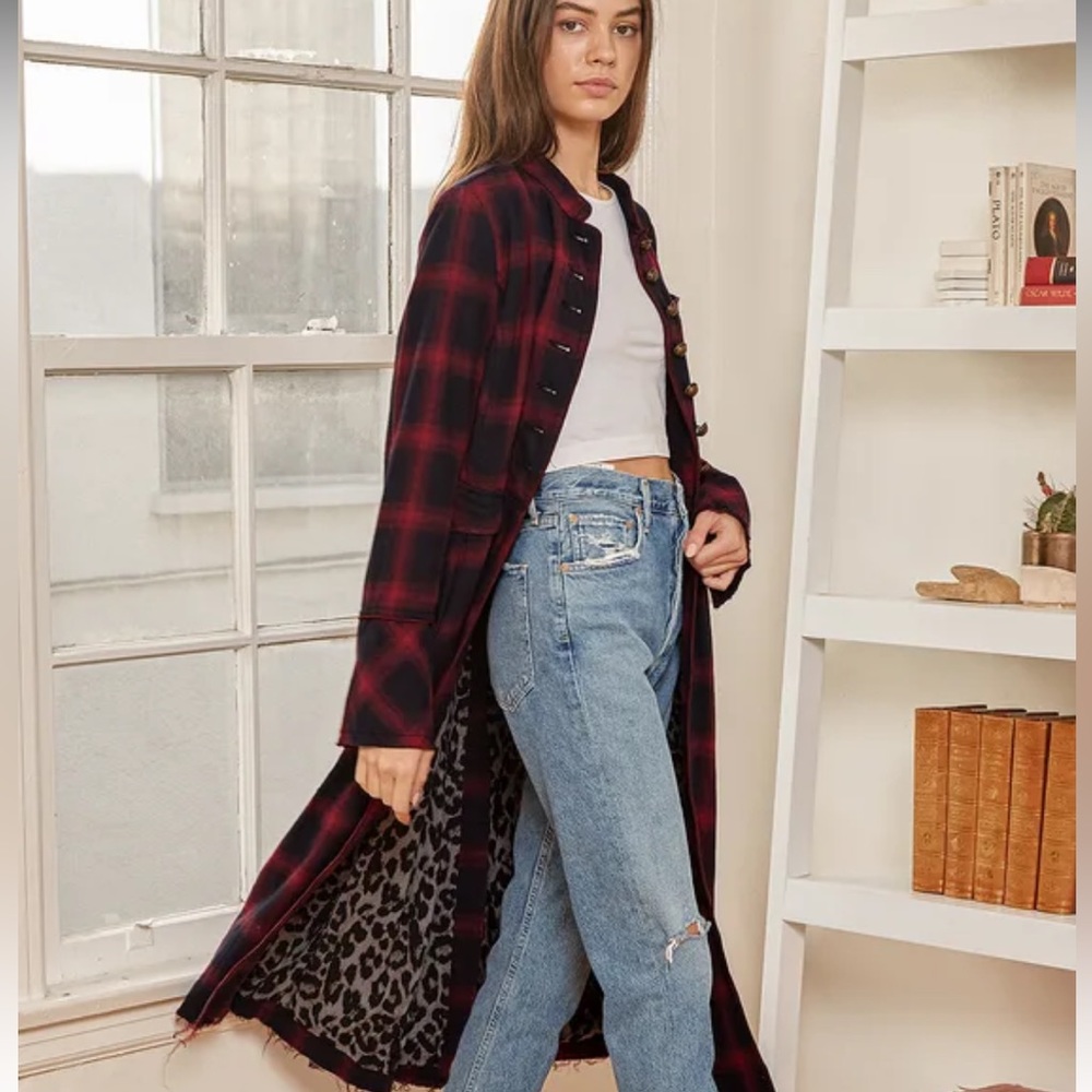 We The Free Long Plaid Coat in Burgundy and Black